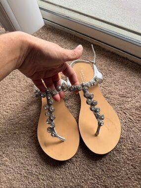 Silver Jeweled T-Strap Sandals